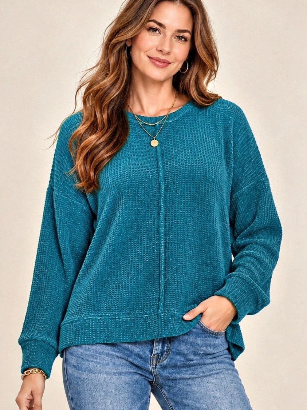 ZENANA TealChenille Waffle Knit Center Seam Sweater